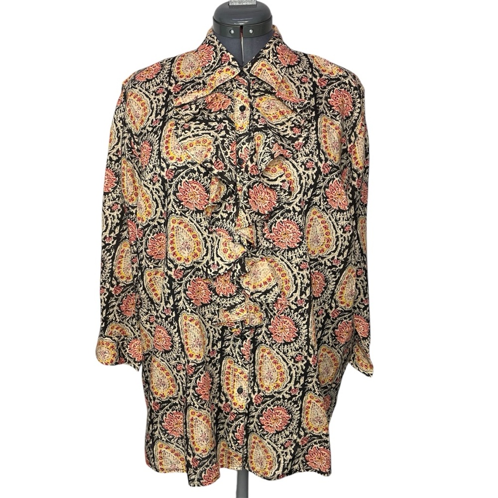 Lauren LRL Floral Paisley Ruffle Blouse Shirt Top Size 2X Cotton 3/4 Sleeve